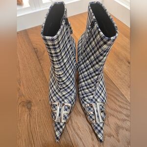 Balenciaga Blue and White Houndstooth Ankle Boots
